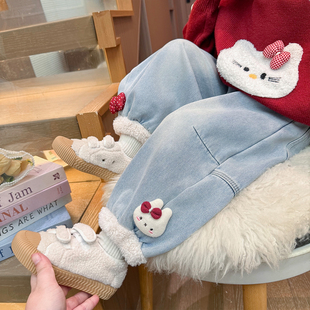儿童加绒猫咪女宝宝一体绒加厚休闲裤 2025新款 子秋冬季 女童牛仔裤