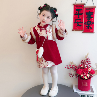 女童连衣裙加厚儿童秋冬季拜年服过年衣服新年红色女宝宝裙子冬装