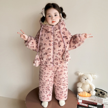 儿童法兰绒三层夹棉睡衣粉豹宝宝加绒加厚女童秋冬季珊瑚绒家居服