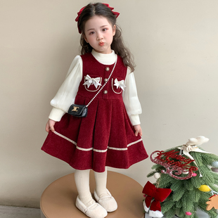 女童连衣裙蝴蝶儿童秋冬季拜年服过年衣服新年红色女宝宝裙子冬装