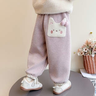 兔子2025新款 加绒休闲裤 儿童一体绒女宝宝加厚 子秋冬季 女童运动裤