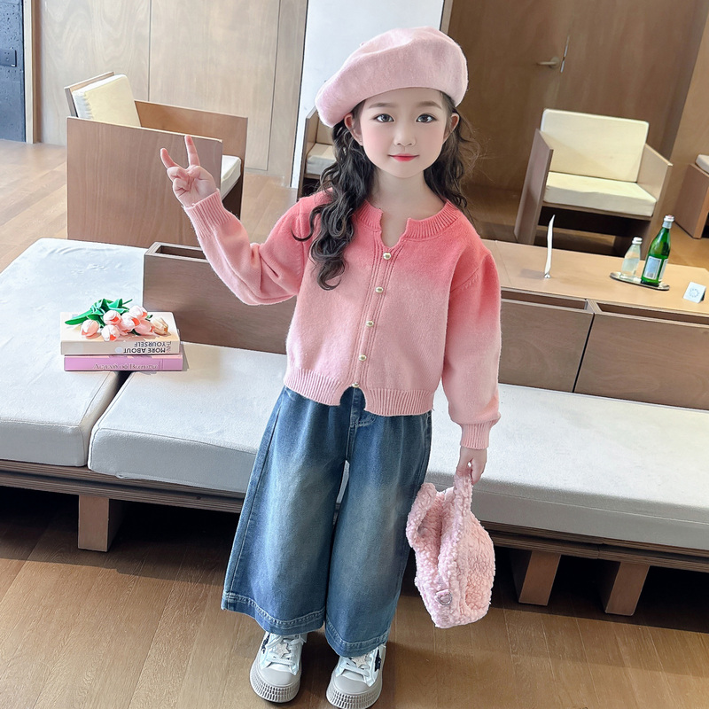女童秋装渐变套装儿童洋气针织衫毛线衣2025新款早秋季女宝宝毛衣