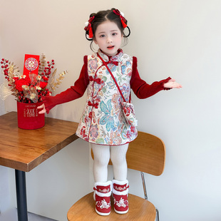 宝宝裙子冬装 女童连衣裙儿童2025新款 拜年服红色过年衣服彩绘冬季