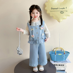 女童春秋款牛仔猫咪套装2026新款洋气时髦儿童女宝宝春季春装早春