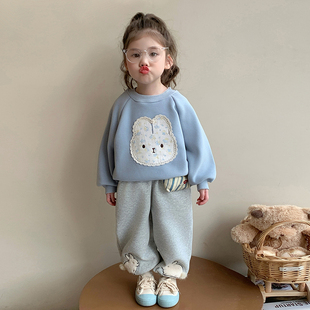 女童卫衣套装秋冬季2026新款儿童洋气时髦加绒加厚兔子运动两件套