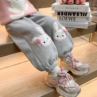 儿童一体绒宝宝加绒外穿白兔加厚休闲卫裤 2025新款 子秋冬装 女童裤