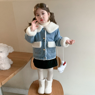 女童加绒加厚牛仔外套秋冬季