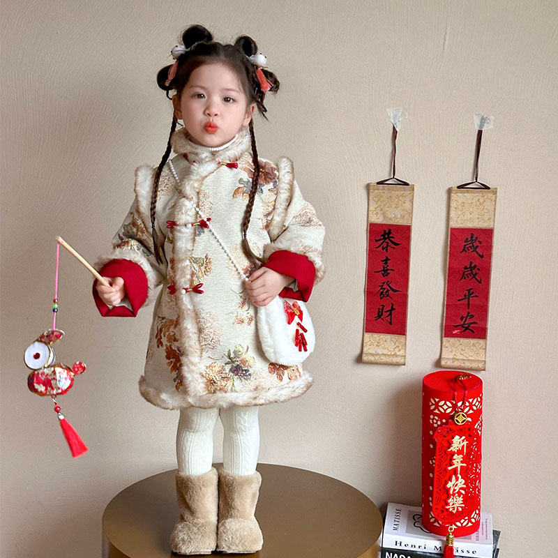 汉服女童拜年服冬装2025新款儿童喜庆旗袍过年服宝宝国风新年衣服