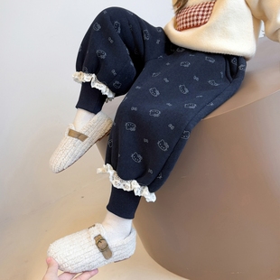 女宝宝一体绒加厚休闲裤 女童猫咪裤 儿童加绒卫裤 2025新款 子秋冬季