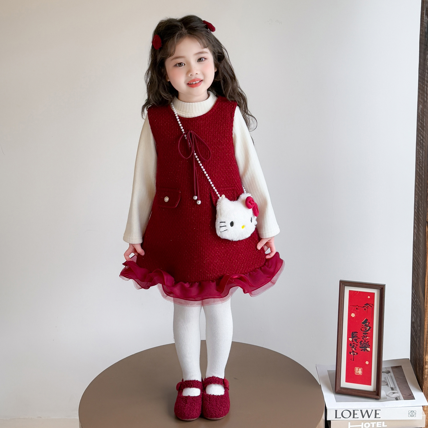 女童连衣裙加绒儿童秋冬季拜年服过年喜庆新年红色女宝宝裙子冬装