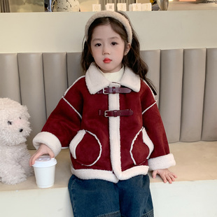 女童加绒外套加厚羊羔毛2026冬季新款短款皮毛一体红色儿童女宝宝