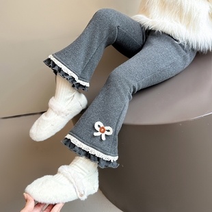 加厚外穿宝宝一体绒喇叭裤 儿童花朵冬季 子秋冬2025新款 女童加绒裤