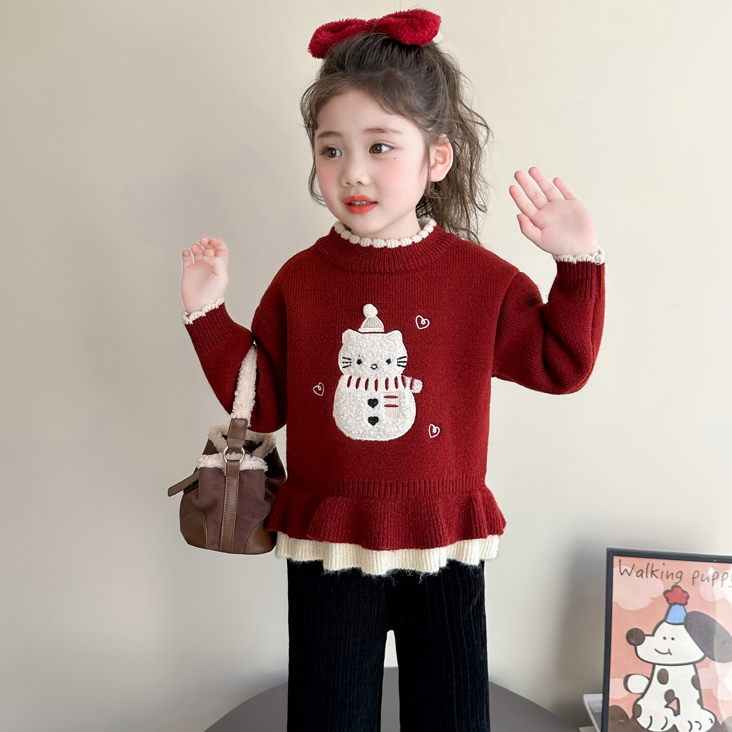 女童红色毛衣秋冬季2026新款儿童毛线衣女宝宝加厚针织打底衫内搭