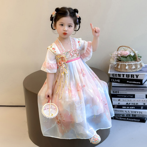 女童汉服裙子夏款2026新款儿童公主裙花边宝宝国风夏季古风连衣裙