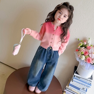 女童春季套装2025新款儿童渐变粉春秋冬毛衣针织上衣女宝宝毛线衣