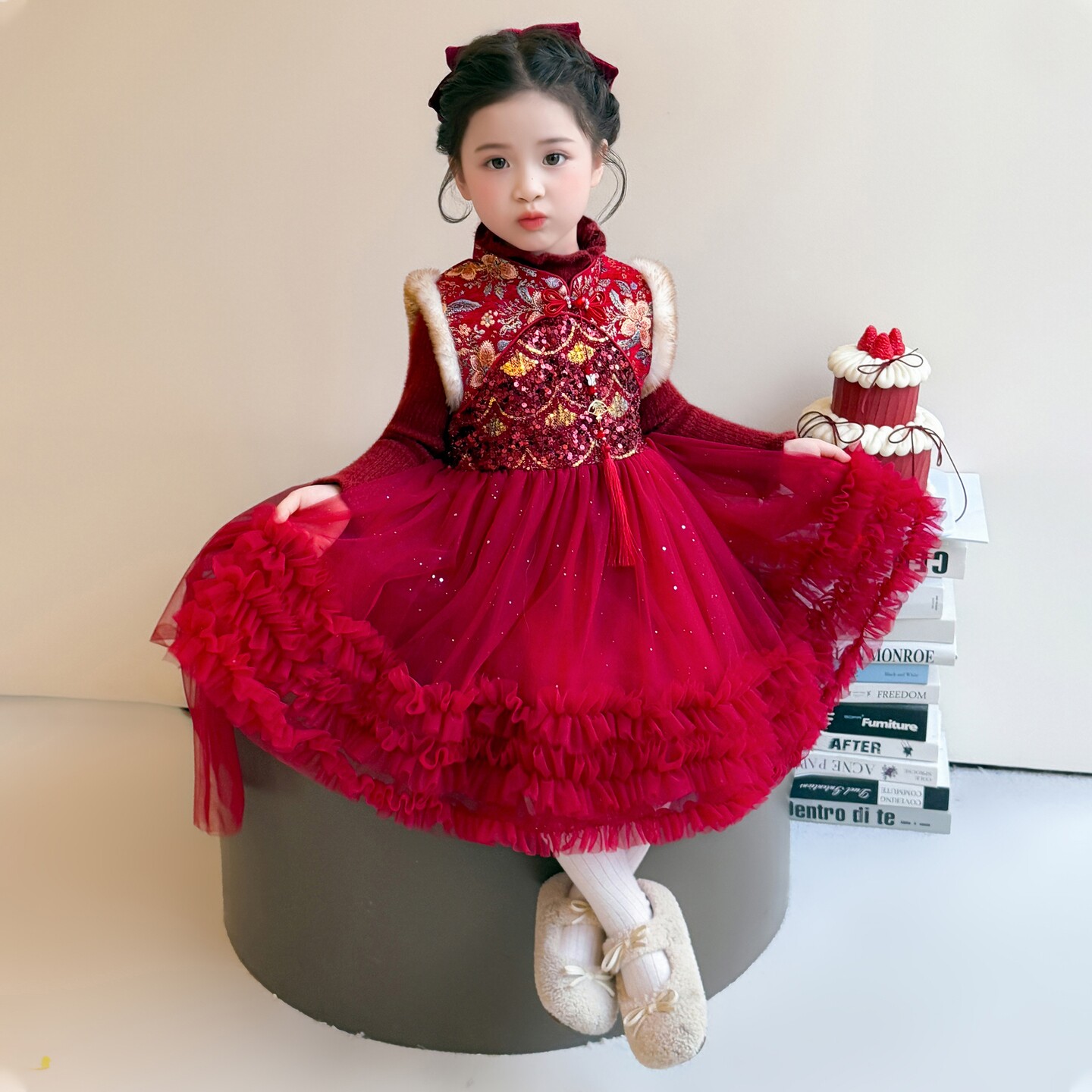 女童连衣裙加厚儿童秋冬季拜年服过年衣服新年红色女宝宝裙子冬装