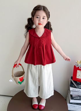 女童夏季套装2026新款洋气时髦儿童薄款女宝宝夏装红色娃娃领夏天