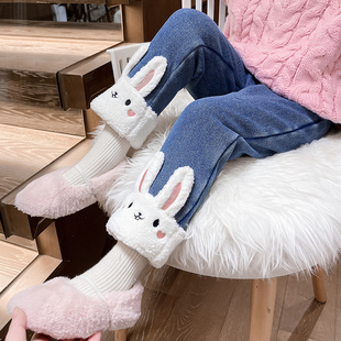 兔耳女童一体绒牛仔裤秋冬款2025新款冬季女童女宝宝加绒加厚裤子