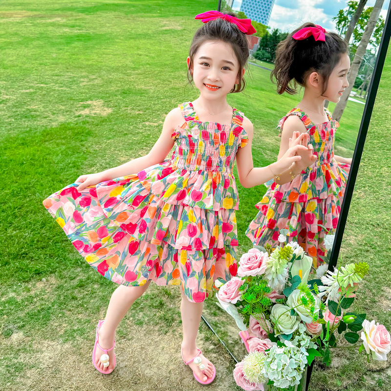 女童连衣裙小女孩儿童夏装2025新款郁金香沙滩裙夏季碎花吊带裙子