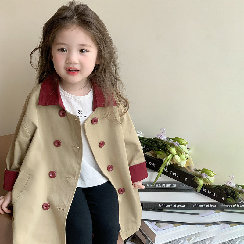 女童外套春秋款2026新款儿童风衣中长款洋气女孩撞色宝宝春装上衣