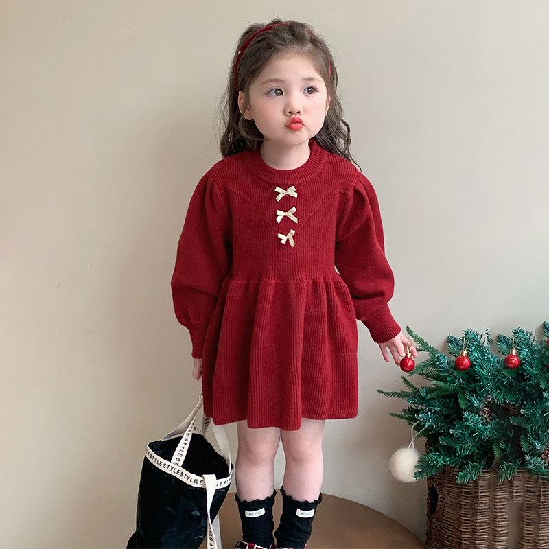 女童裙子秋冬2025新款宝宝冬季春秋红色儿童新年过年拜年服连衣裙