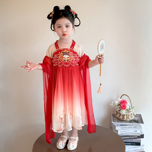 女童汉服连衣裙2026新款儿童哪吒古风中国风女宝宝红色女孩公主裙