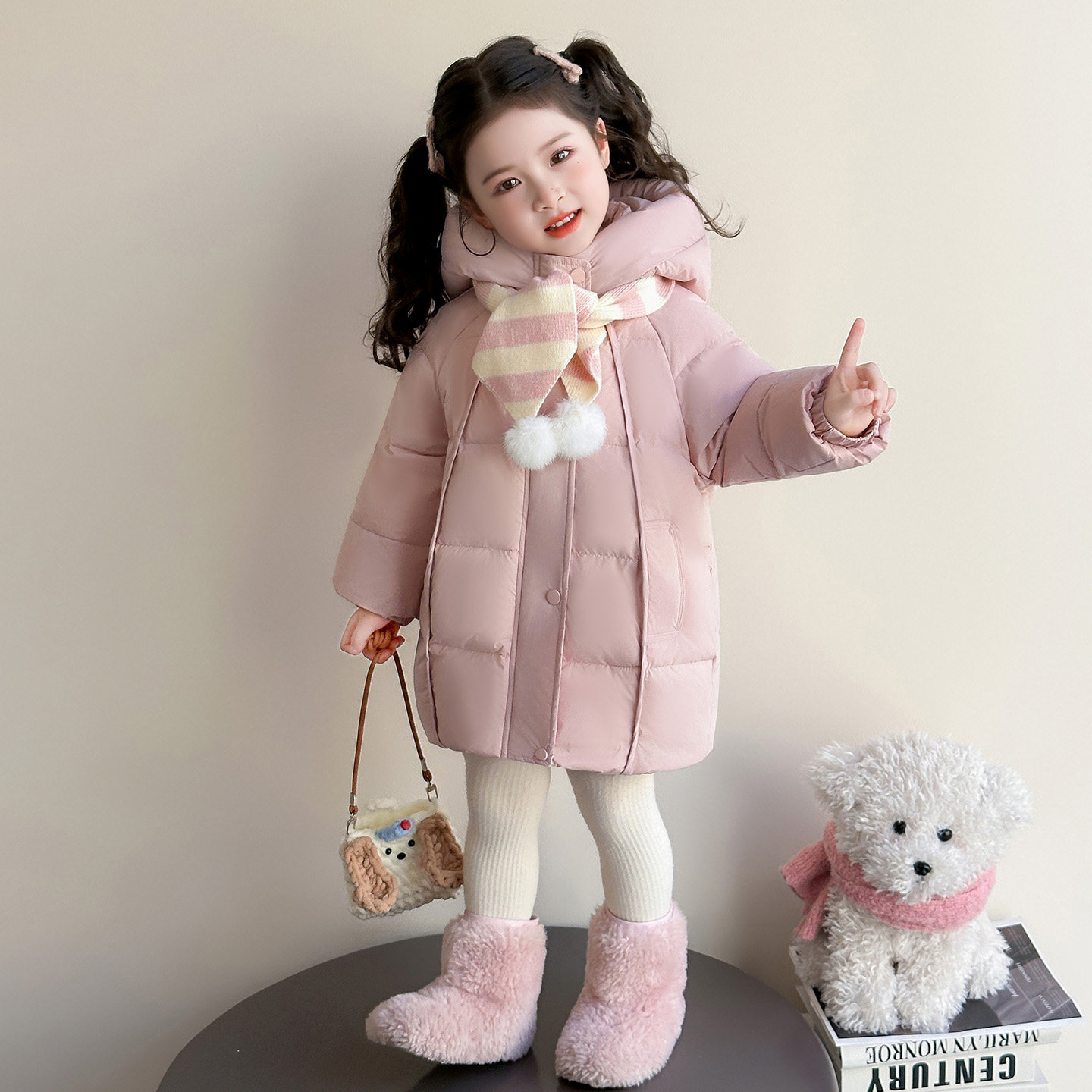 女童毛球中长款羽绒服冬季加厚小女孩宝宝洋气白鸭绒儿童冬装外套