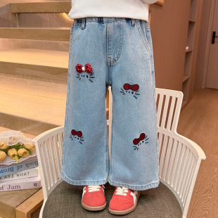 女童牛仔裤春秋款2026新款儿童春季女宝宝猫咪春装直筒裤阔腿裤子
