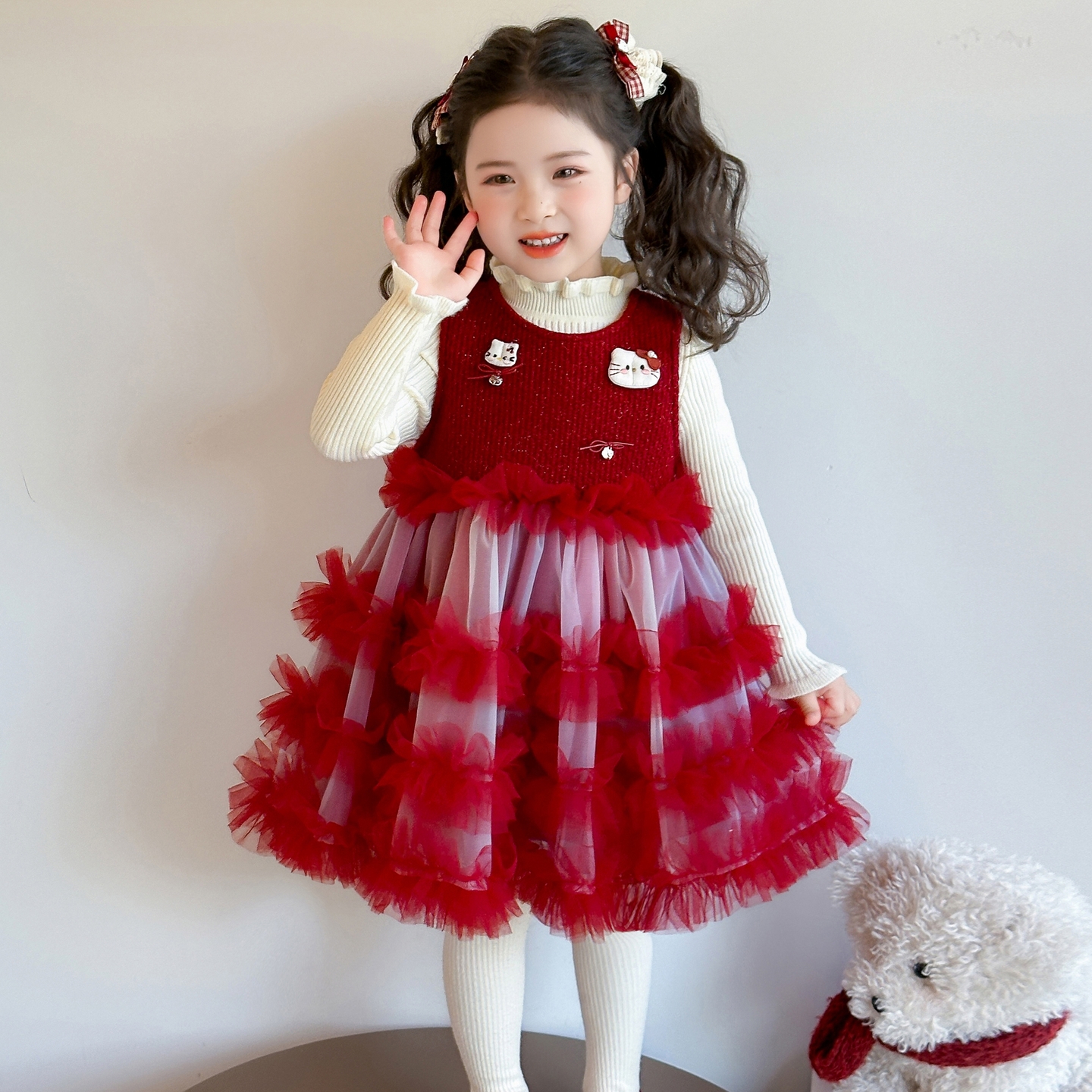 女童连衣裙加绒儿童秋冬季拜年服过年喜庆新年红色女宝宝裙子冬装