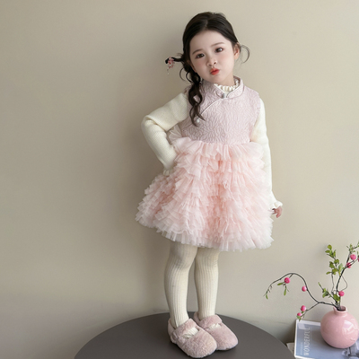 女童时尚洋气网纱连衣裙秋冬