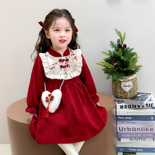 女童中国风连衣裙珍珠喜庆宝宝过年拜年服裙子冬季红色新年冬装