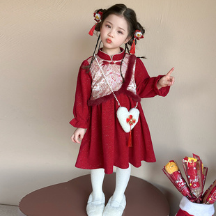 女童裙子冬装2025新款红色连衣裙儿童周岁女宝宝唐装旗袍加厚礼服