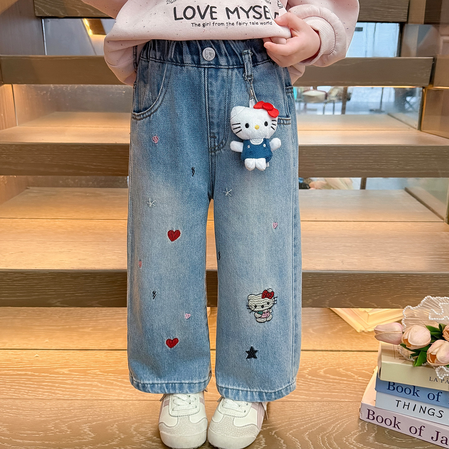 女童牛仔裤春季2026新款儿童直筒裤女宝宝春秋裤子春装阔腿裤猫咪