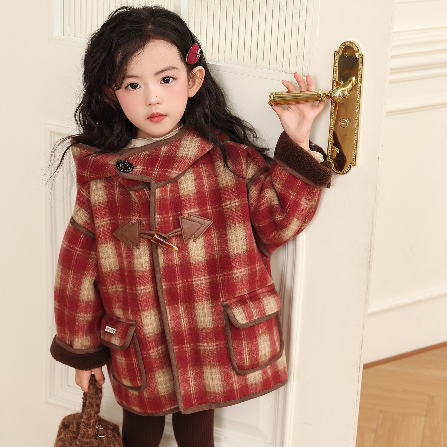 女童格子棉服秋冬装韩版连帽加厚保暖外套时髦洋气