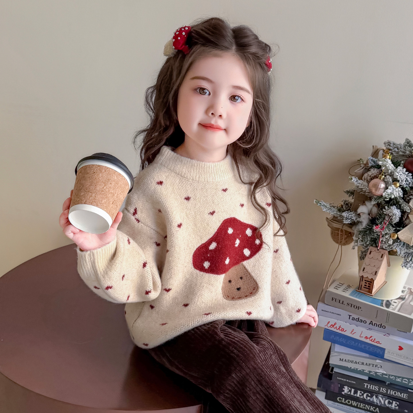 女童针织加绒毛衣秋冬季