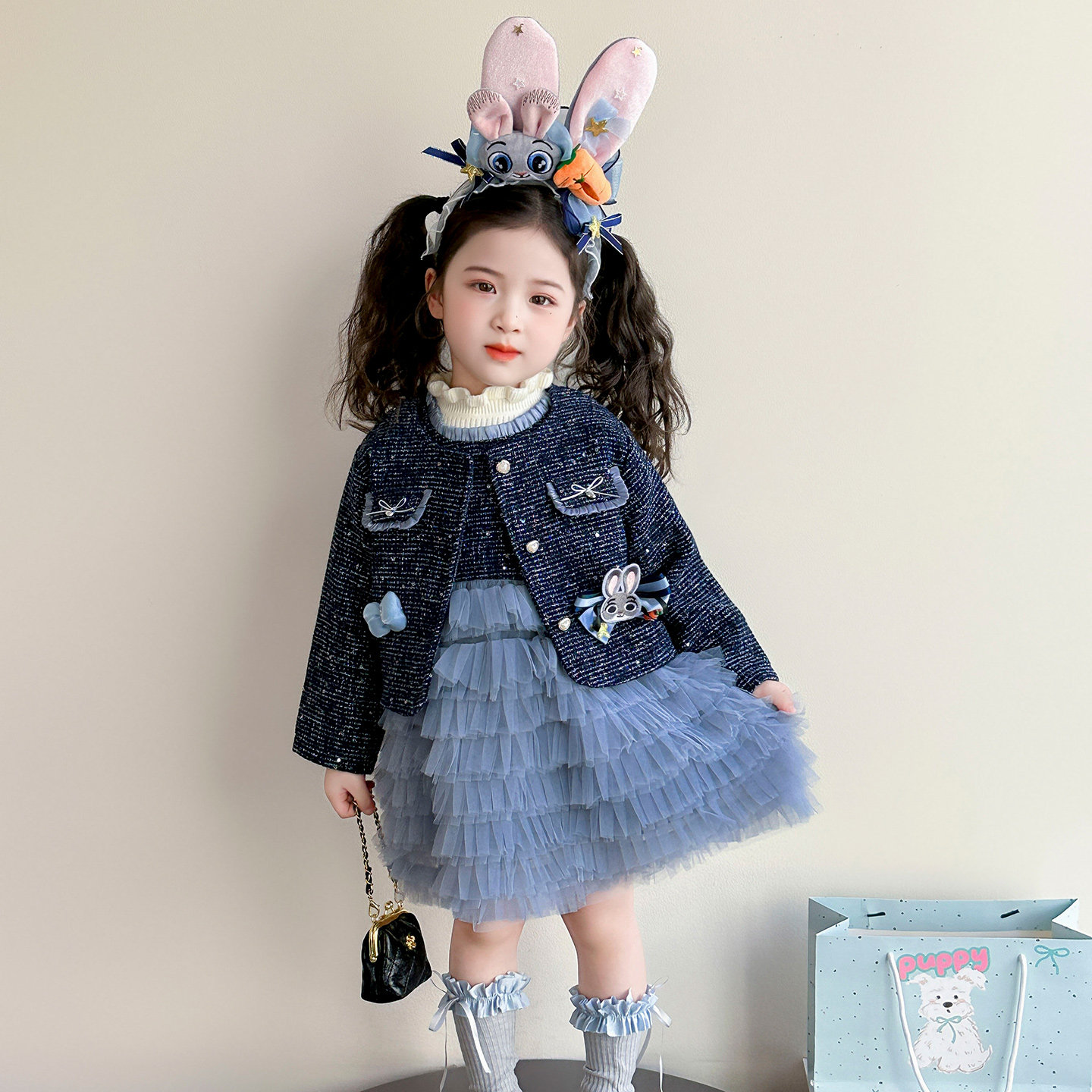 女童秋冬季加绒加厚兔子蛋糕裙套装儿童女宝宝连衣裙外套公主裙子