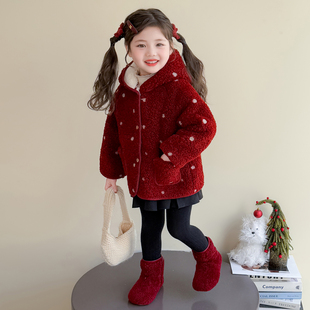 女童羊羔绒外套秋冬季2025新款儿童宝宝加绒初冬波点小女孩毛毛衣