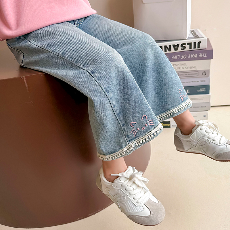 女童牛仔裤春秋款2025新款儿童秋季女宝宝直筒裤秋装流苏阔腿裤子