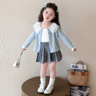 女童毛衣开衫春装薄款2026新款儿童春秋装女宝宝春季外套套装花边