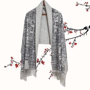 收藏级山羊绒围巾浅灰色披肩围巾两用保暖加厚中国风大披肩 秋冬