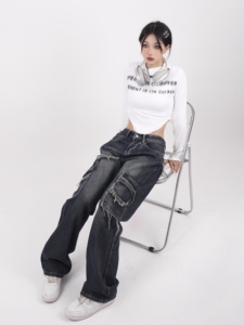 复古牛仔裤女水洗磨破]垂感长裤宽松阔腿裤 DS-B247-K123-P58图片