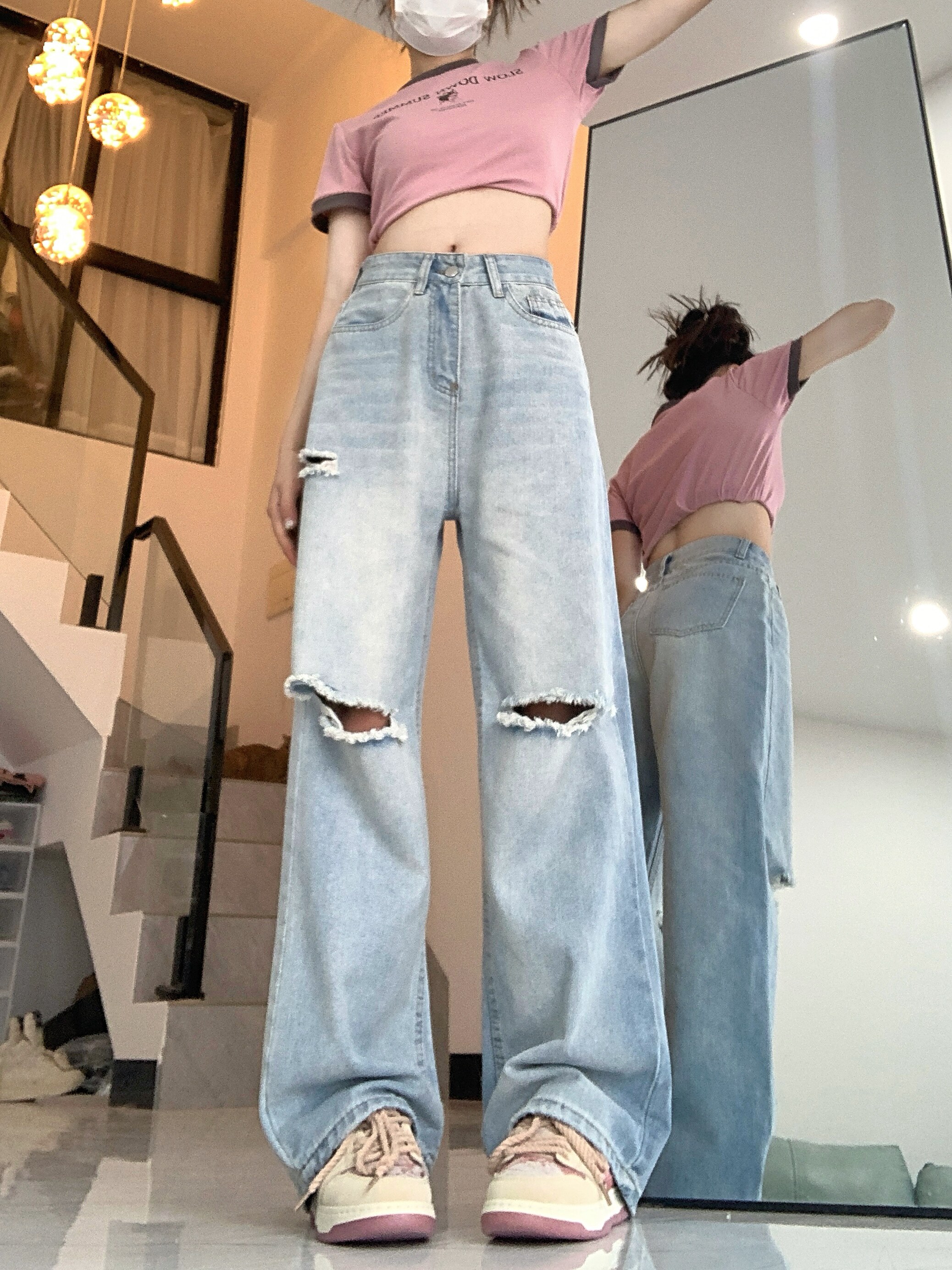 夏季破洞牛仔裤女欧美高街美式hiphop宽松直筒 DS-B247-K56-P58图片