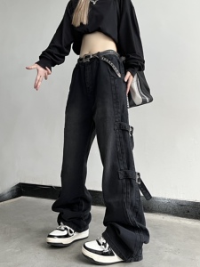夏季美式高街vibe风绑带水洗休闲牛仔裤女阔腿裤DS-B247-K68-P62图片