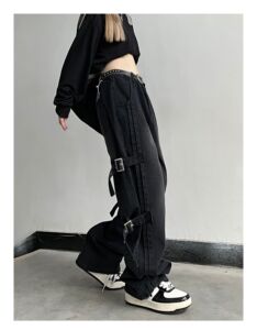 夏季美式高街vibe风绑带水洗休闲牛仔裤女阔腿裤DS-B247-K68-P62,夏季阔腿裤穿搭女2021新款图片