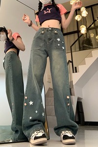 23夏性牛仔裤女星星美式复古高腰显瘦直筒阔腿裤DS-B247-K23-P52图片