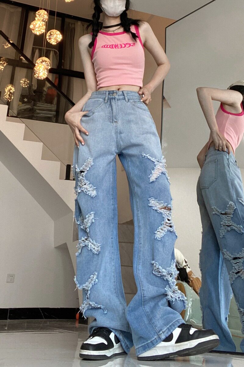 夏季美式vibe复古高腰牛仔裤女ins直筒阔腿裤 DS-B247-K14-P49图片