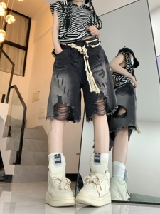 23夏性复古渐变暗黑风破坏流苏牛仔裤女系短裤DS-B247-K59-P48图片