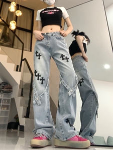 夏季十字架贴布牛仔裤男女直筒宽松阔腿裤 DS-B247-K88-P65图片
