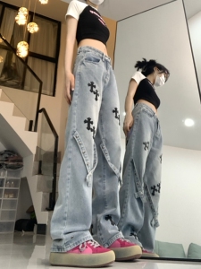 夏季十字架贴布牛仔裤男女直筒宽松阔腿裤 DS-B247-K88-P65图片