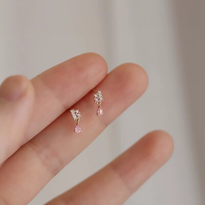 s925纯银镀14k金粉钻水滴耳钉女设计感精致通勤耳饰高级感耳环